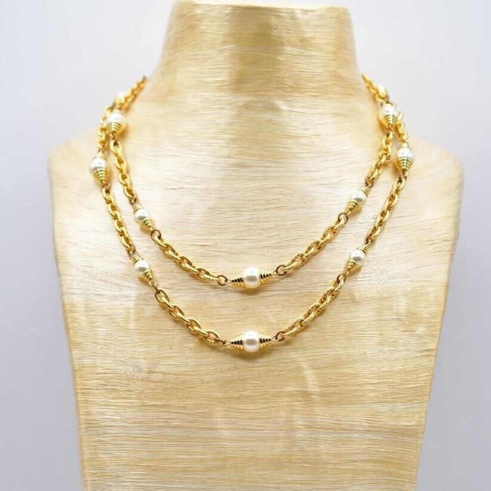 Lorren Bell Long Linked Chain Necklace Gold Tone Imitation Pearl Vintage BinK